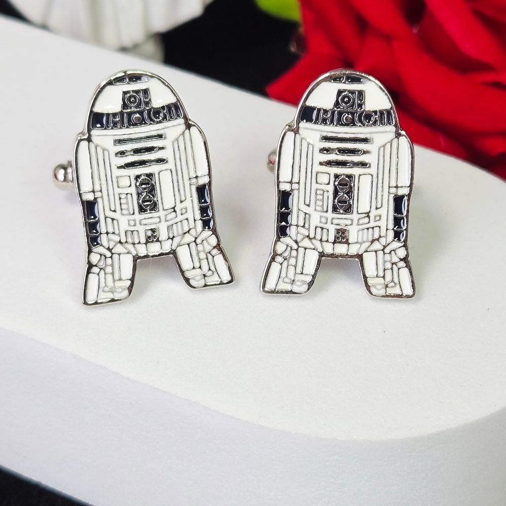 R2-D2 Robot Cufflinks White Enamel Sci-Fi Droid French Cuff Formal Star Wars Fan